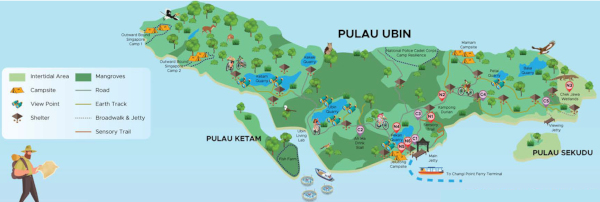 Map of Pulau Ubin, Pulau Ketam, and Pulau Sekudu islands showing points of interest, trails, and camping areas.